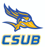 CSUB logo featuring a fierce roadrunner mascot in blue and gold.
