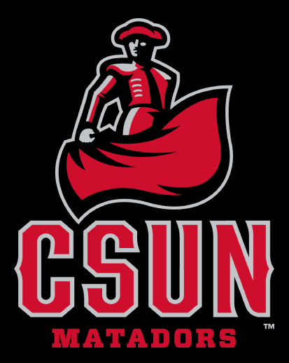 Red and white CSUN logo with a mascot holding a flag.