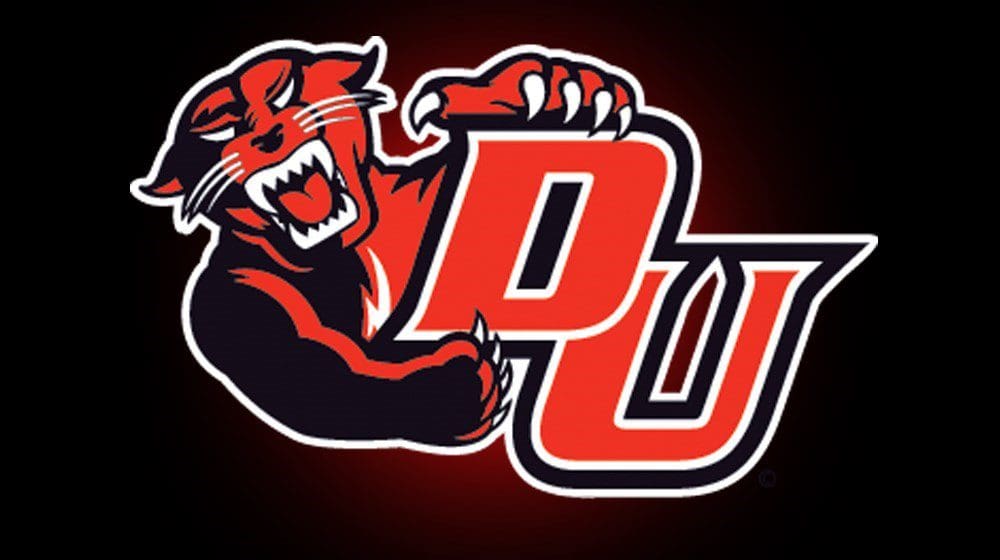 Panther mascot gripping bold DU letters against a black and red background.