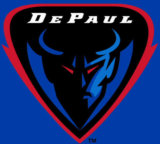 DePaul Blue Demons logo featuring a stylized demon head in red and blue.