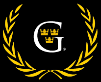 Stylized black and gold logo with a letter G and three crowns inside a laurel wreath.