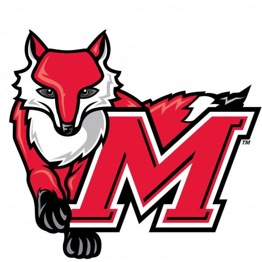 A red fox mascot with a large 'M' logo.