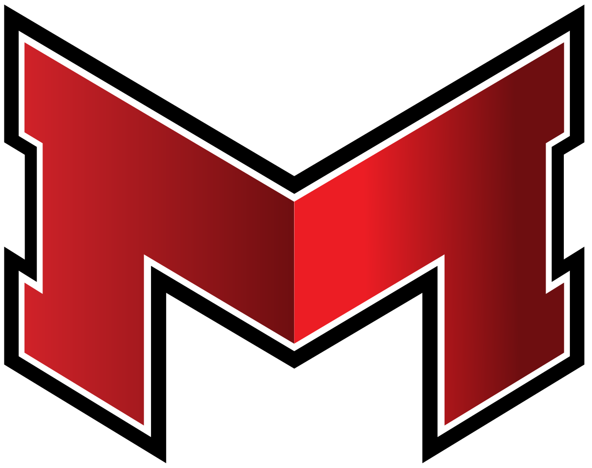 A stylized red and black letter M logo with sharp edges.
