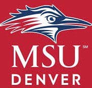 MSU Denver logo with a stylized roadrunner head on a red background.