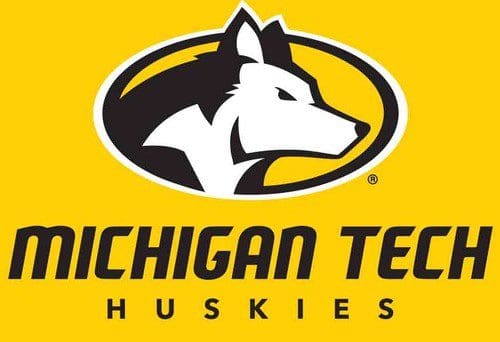 Michigan Tech Huskies logo with a husky head and yellow background.
