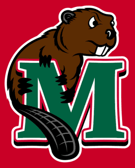 A beaver holding a large green letter M with a red background.