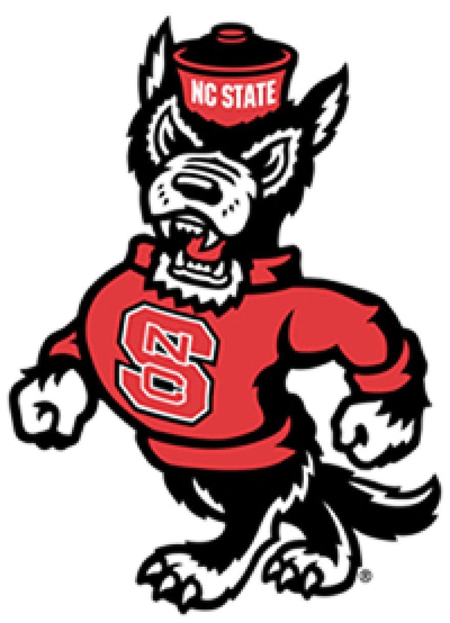 NC State's wolf mascot wearing a red sweater.