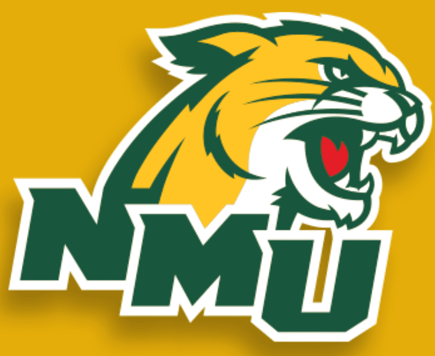 Logo of a roaring wildcat with 'NMU' initials on a yellow background.