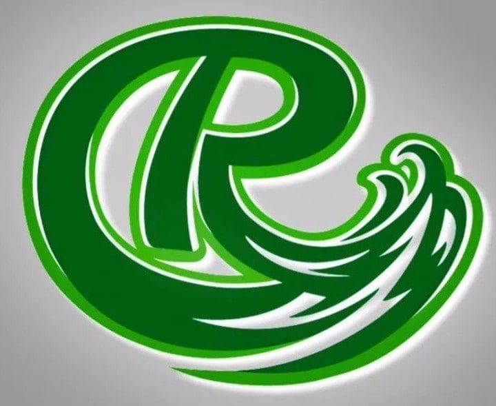 Green stylized letter R with wave design on gray background.