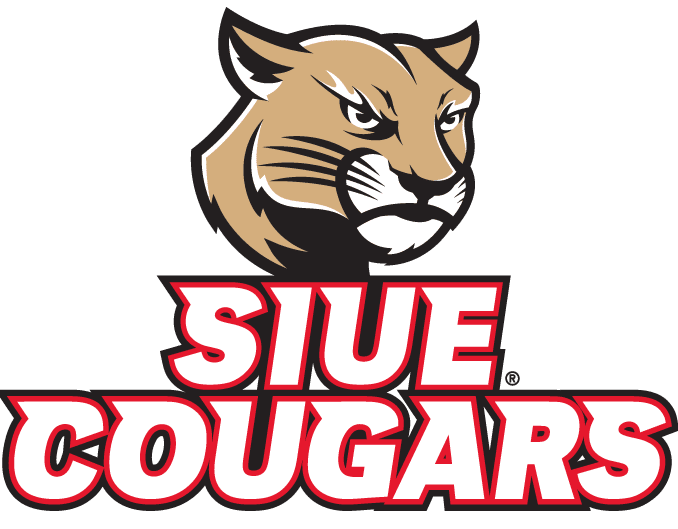 SIUE Cougars logo with a cougar head and bold red text.