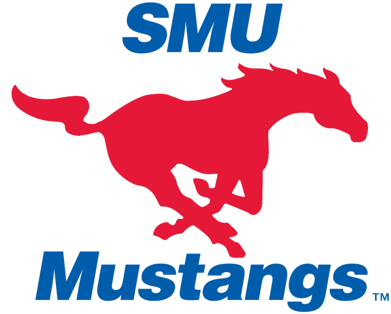 Red mustang horse logo with SMU Mustangs text.