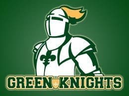 Logo of a knight in white armor with a green and gold plume and the text 'Green Knights'.