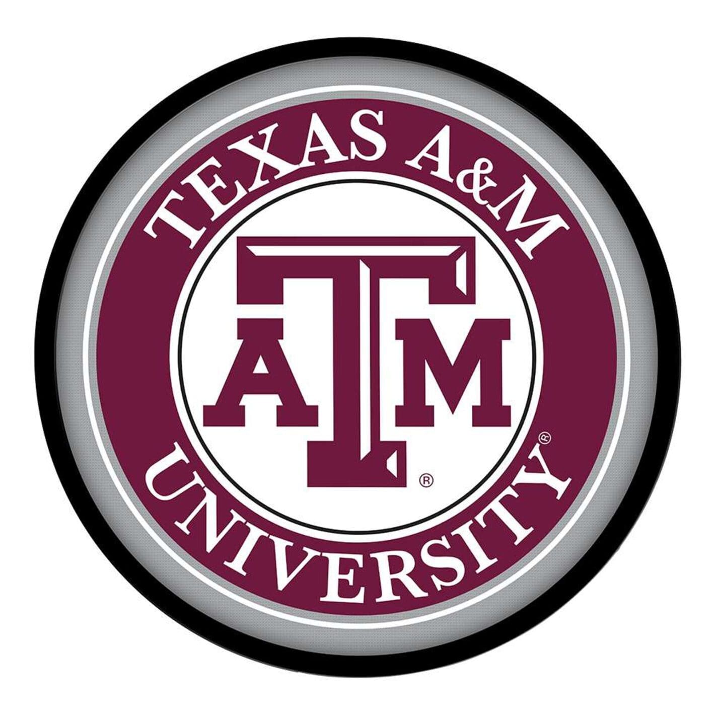 Texas A&M University emblem with maroon and white colors.