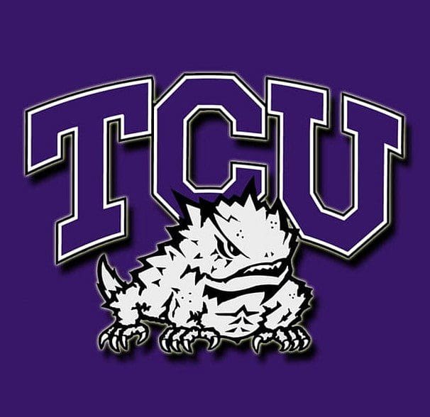TCU logo with a horned frog mascot on a purple background.
