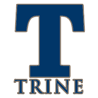 Blue and gold Trine University logo with a large 'T'.