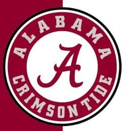 Logo of the Alabama Crimson Tide with a crimson 'A' and circular text.