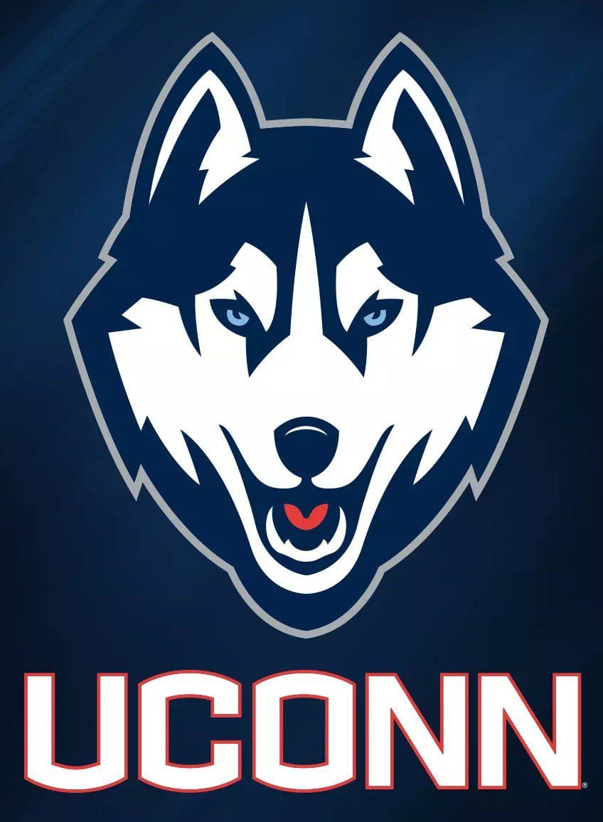 UConn Huskies logo with a fierce husky face in blue and white.