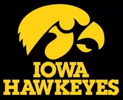 Iowa Hawkeyes logo with a bold yellow hawk head and text.