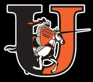 Logo of a knight on horseback with a shield inside a large U and orange letter.