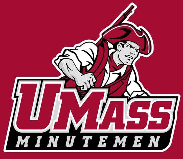 UMass Minutemen logo with a colonial figure and bold text on a maroon background.