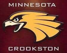 Minnesota Crookston Golden Eagles logo with fierce eagle head on maroon background.