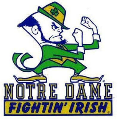 Notre Dame Fightin' Irish mascot in green and gold.