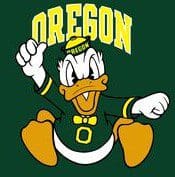 Cartoon duck mascot wearing Oregon gear and cheering.