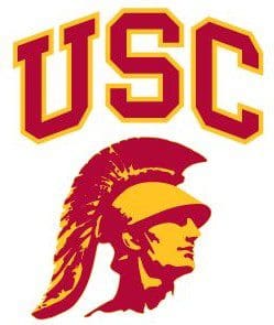 USC Trojans logo featuring a Trojan warrior head and text.