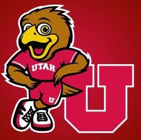 Cartoon hawk mascot wearing Utah sports gear beside a large red 'U'.