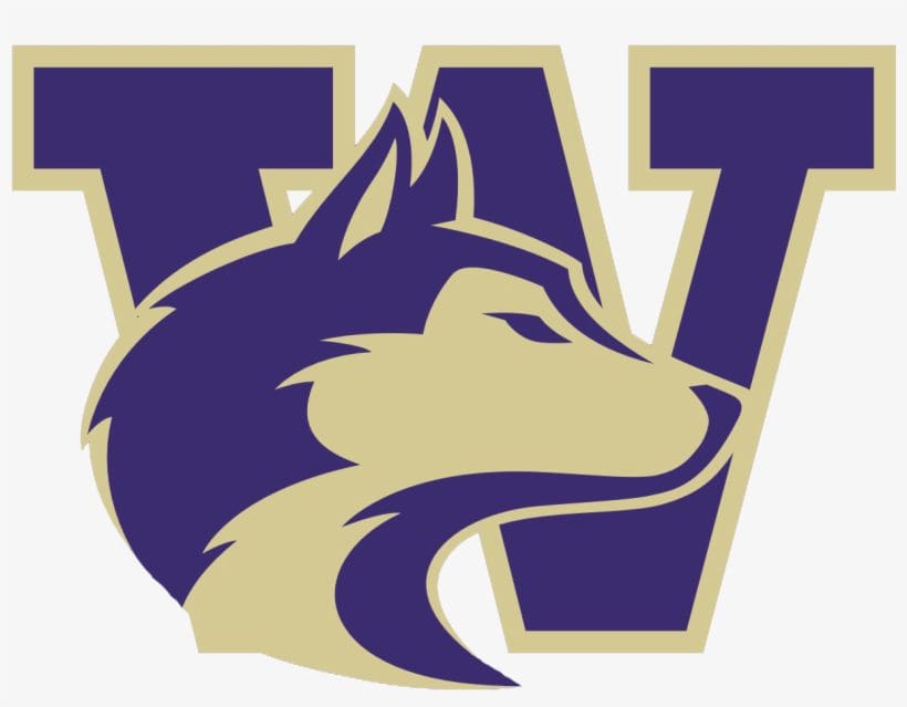 Stylized husky head logo in purple and beige with a large 'W' background.