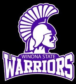 Winona State Warriors logo with a purple warrior helmet on a black background.