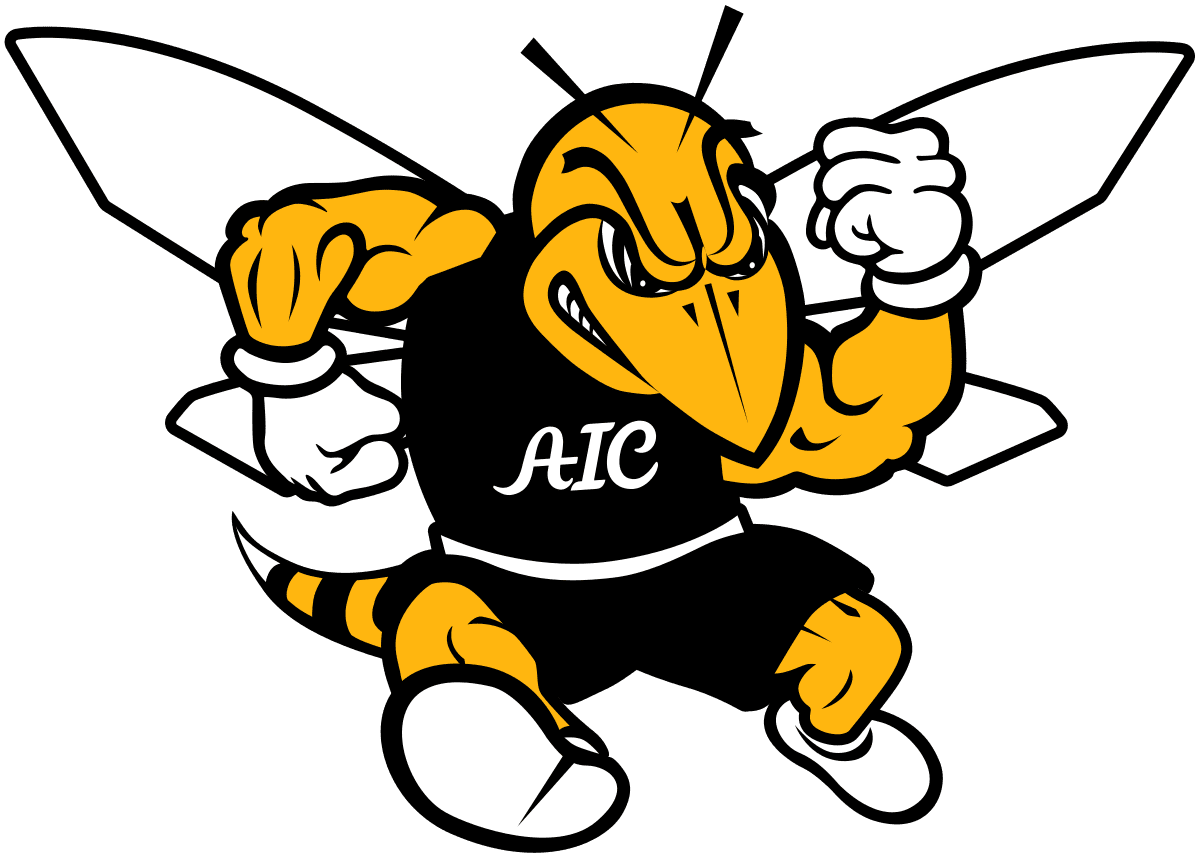 Cartoon hornet mascot in black sports attire flexing muscles.