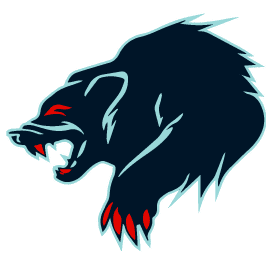 A fierce black bear logo with red eyes and claws.