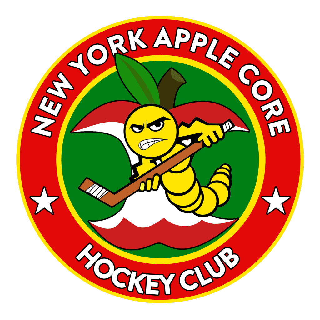 Logo of New York Apple Core Hockey Club with a worm holding a hockey stick.