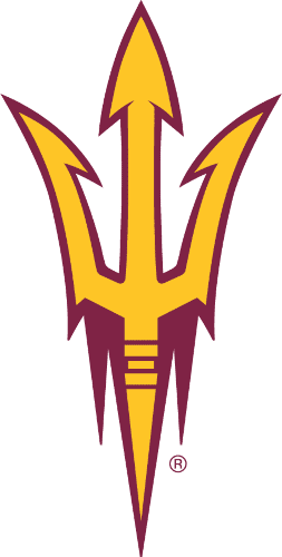 A stylized yellow and maroon trident with sharp edges.