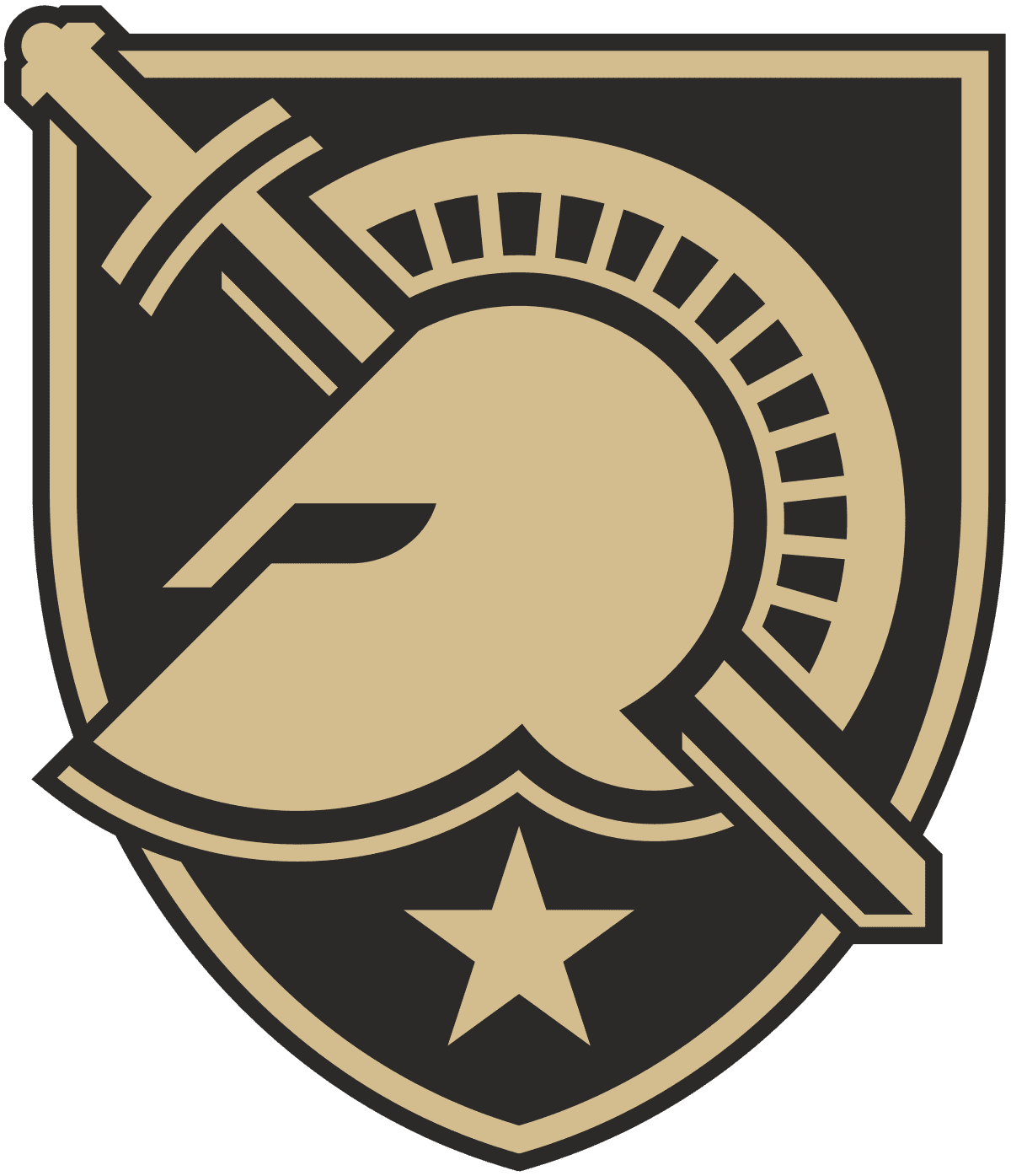 A Spartan helmet and sword emblem with a star beneath.