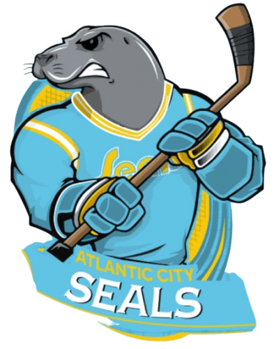A seal mascot holding a hockey stick, wearing a blue and yellow jersey.