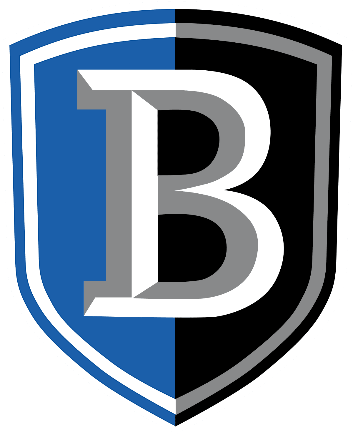 A shield logo split blue and black with a large letter B.