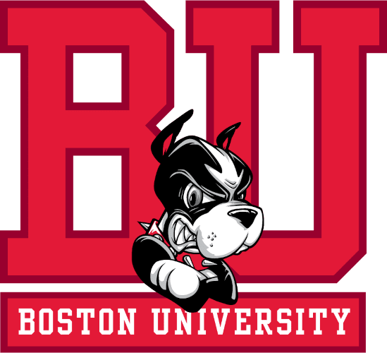 Boston University logo with a fierce dog mascot on a red background.