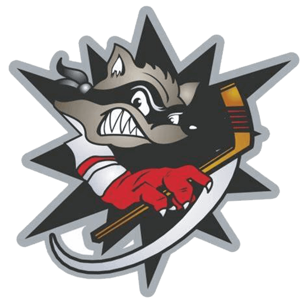 Fierce cartoon wolf holding a hockey stick with a determined expression.