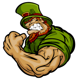 Muscular leprechaun flexing his arm with a fierce expression.