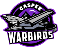 Logo of Casper Warbirds featuring a shark and airplane in purple and gray.