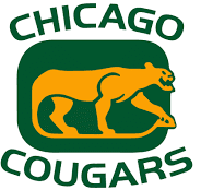 Logo of the Chicago Cougars hockey team with a cougar inside a green and yellow emblem.
