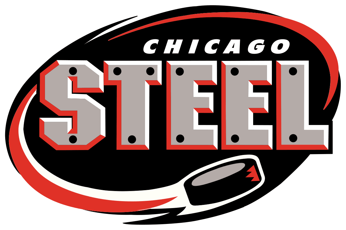 Chicago Steel hockey team logo with stick and puck.