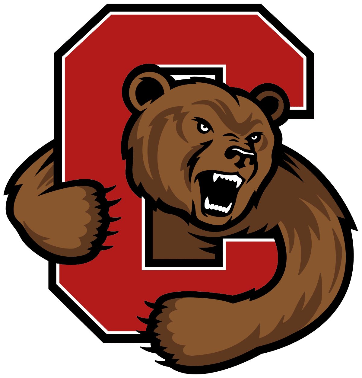 A fierce bear gripping a large red letter C.