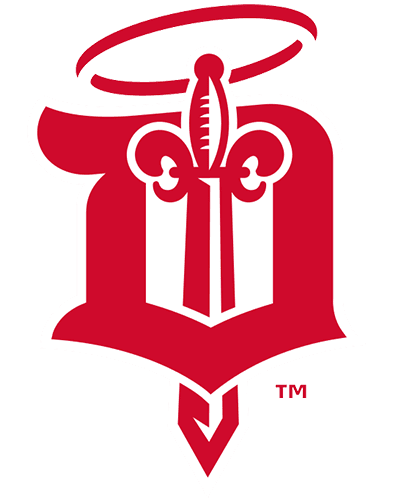 Red stylized letter 'D' with a sword and fleur-de-lis design.