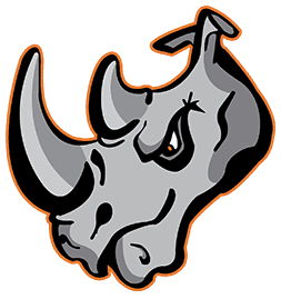 Angry cartoon rhino head with two horns.