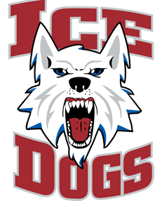 Fierce white husky mascot with bared teeth and blue eyes.