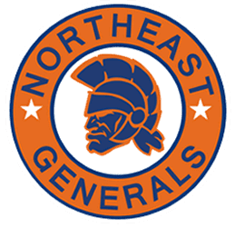 Logo of Northeast Generals featuring a Spartan helmet in orange and blue.
