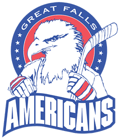 Logo of Great Falls Americans hockey team with eagle and hockey sticks.